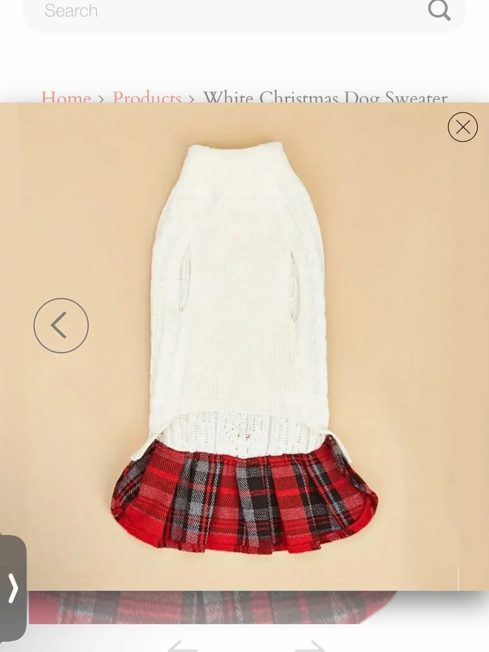White Cable Knit Dog Sweater Dress with Red Plaid Bow